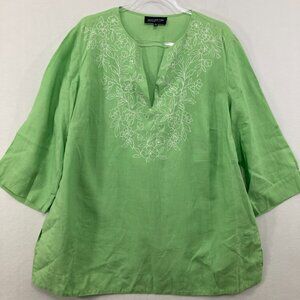 Jones New York size 2X Green Floral Embroidered 100% Linen 3/4 Sleeve Blouse